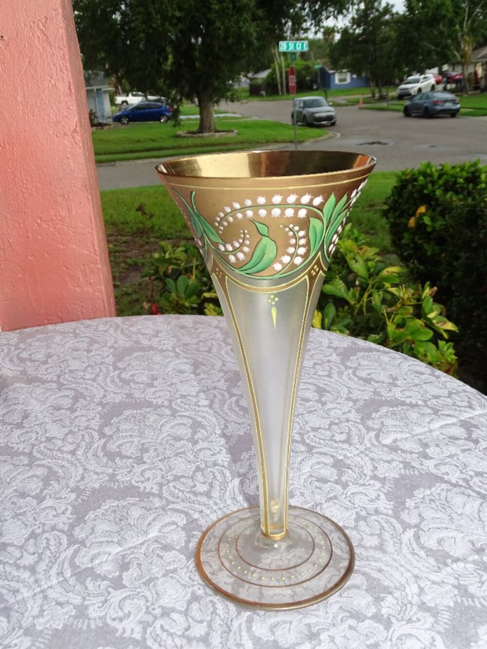 Art Deco Crystal Tall Vase Painted Gold with Lilies of the Valley 10 1/2"